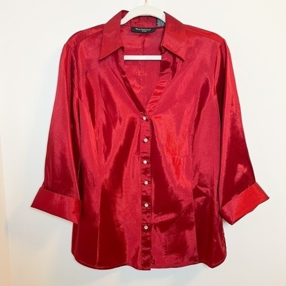 Blue Diamond Stretch Red Shiny‎ V-Neck 3/4 Sleeve Button Down Shirt Blouse Top L - Picture 7 of 7